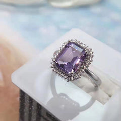 Amethyst Emerald Cut Engagement Ring with Halo Design in Sterling Silver with Silver and Rose Gold Plating