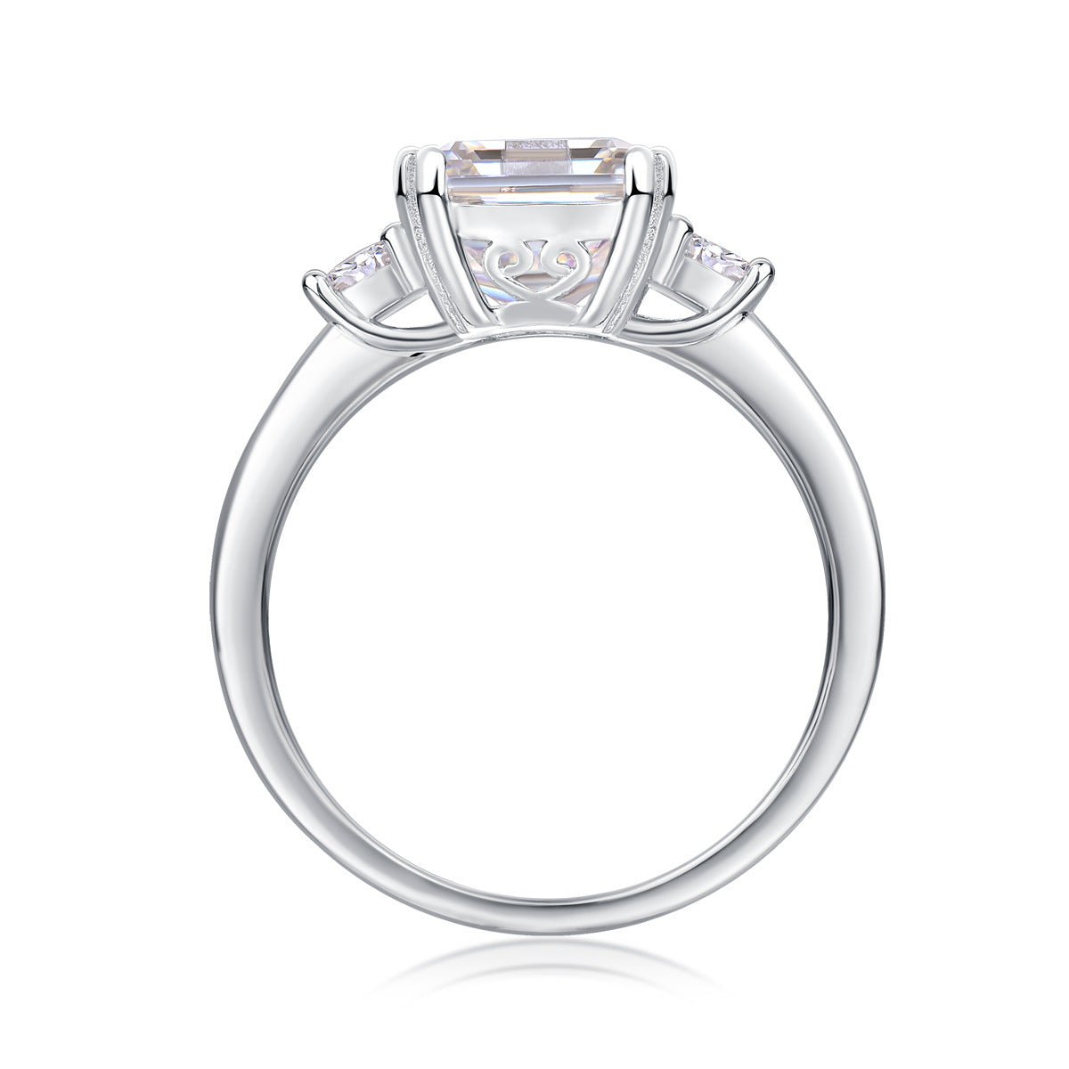 Three-Stone 3-Carat Emerald Cut Moissanite Engagement Ring in Sterling Silver with GRA Certificate