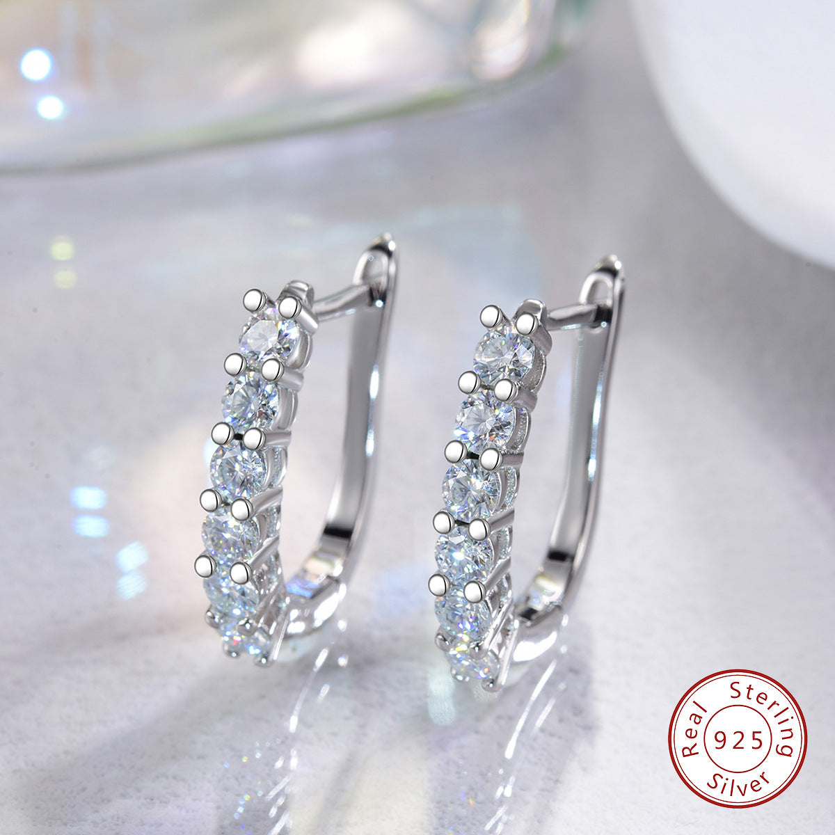 Moissanite Huggie Hoop Earrings in Sterling Silver with White Gold Plating with GRA Certificate