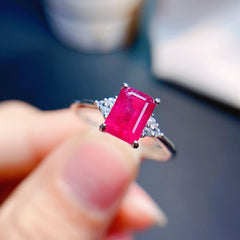 Ruby Emerald Cut Engagement Ring in Sterling Silver with White Gold Plating