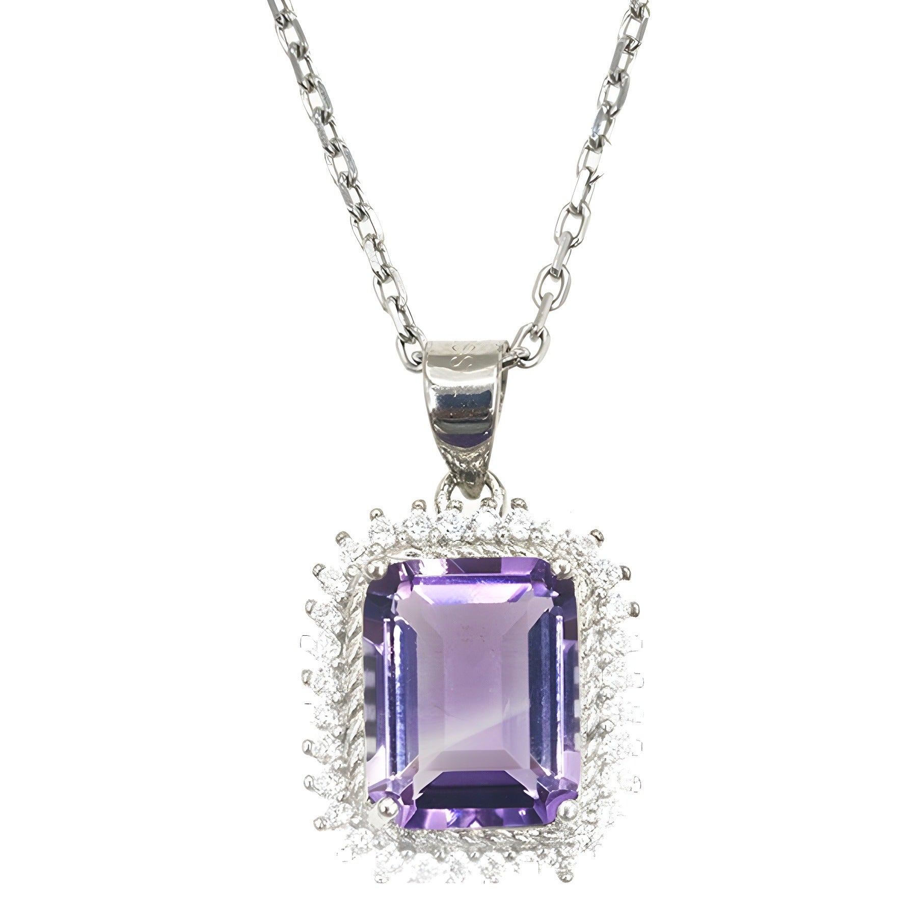 Amethyst Emerald Cut Pendant Necklace in Sterling Silver with Halo Design