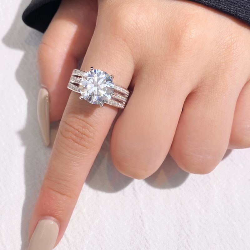5-Carat Round Moissanite Engagement Ring with Triple-Row Accents in Sterling Silver with GRA Certificate
