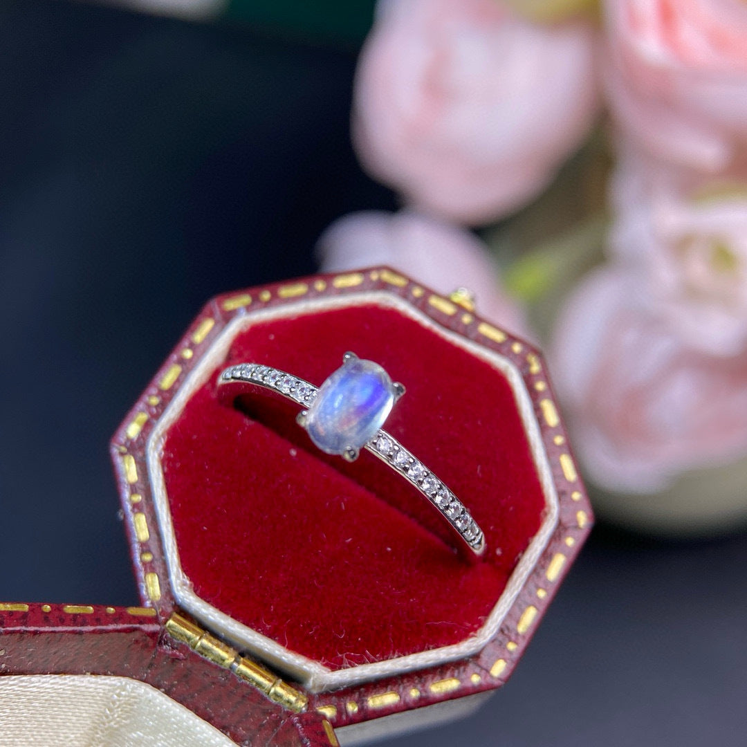 Blue Moonstone Oval Engagement Ring in Sterling Silver with Accents