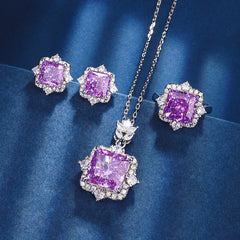 Simulated Cushion-Cut Diamond Jewelry Set in White Gold-Plated Copper with Halo Design