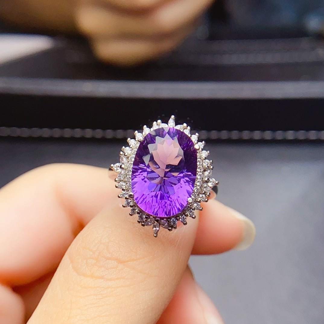 Amethyst Oval Cut Engagement Ring with Halo Design in Sterling Silver