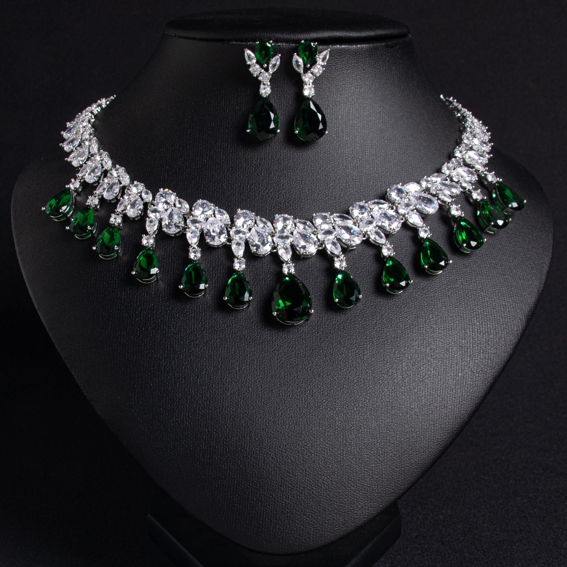 Multi-Color Pear Cut Simulated Diamond Necklace and Earrings Set in White Gold-Plated Copper