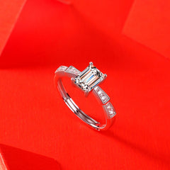 Emerald-Cut Moissanite Castle Ring in Sterling Silver with White Gold Finish with GRA Certificate