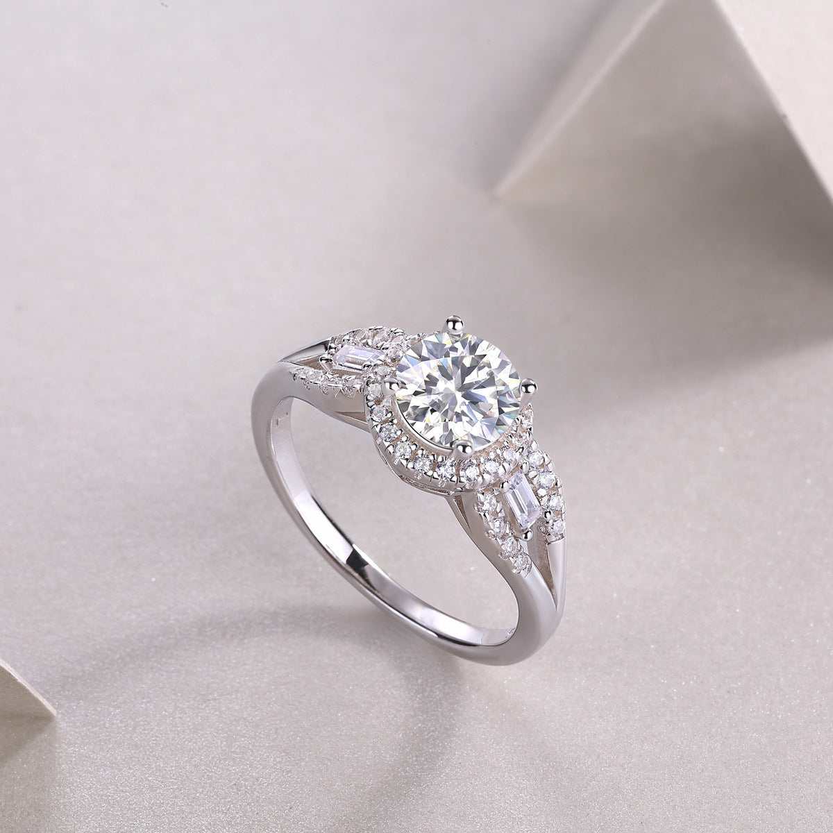 Halo Moissanite Engagement Ring in Sterling Silver with White Gold Plating with GRA Certificate