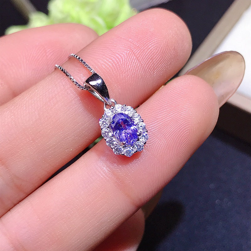 Tanzanite Oval Cut Ring and Necklace Set in Sterling Silver with White Gold Plating