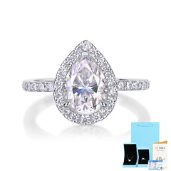 1.5-Carat Pear-Shaped Moissanite Halo Engagement Ring in White Gold-Plated Sterling Silver with GRA Certificate