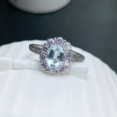 Aquamarine Oval Cut Engagement Ring with Halo in Sterling Silver and White Gold Plating