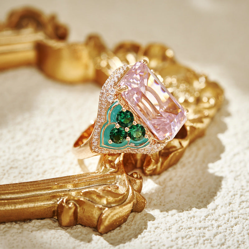 Elegant Simulated Emerald-Cut Pink Diamond Jewelry Set in Rose Gold-Plated Copper