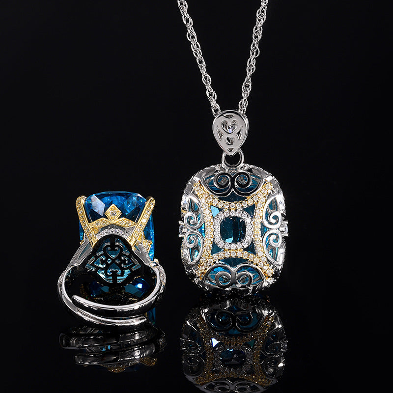 Radiant-Cut Simulated Aquamarine Jewelry Set with Solitaire and Accent Design