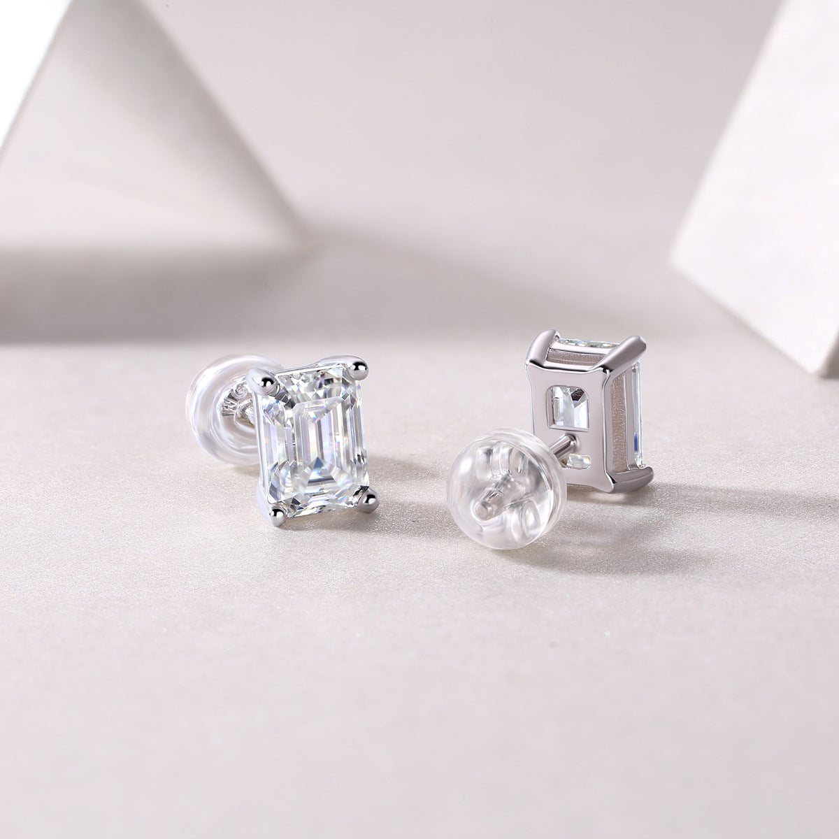 Emerald-Cut Moissanite Stud Earrings in Sterling Silver with White Gold Plating with GRA Certificate