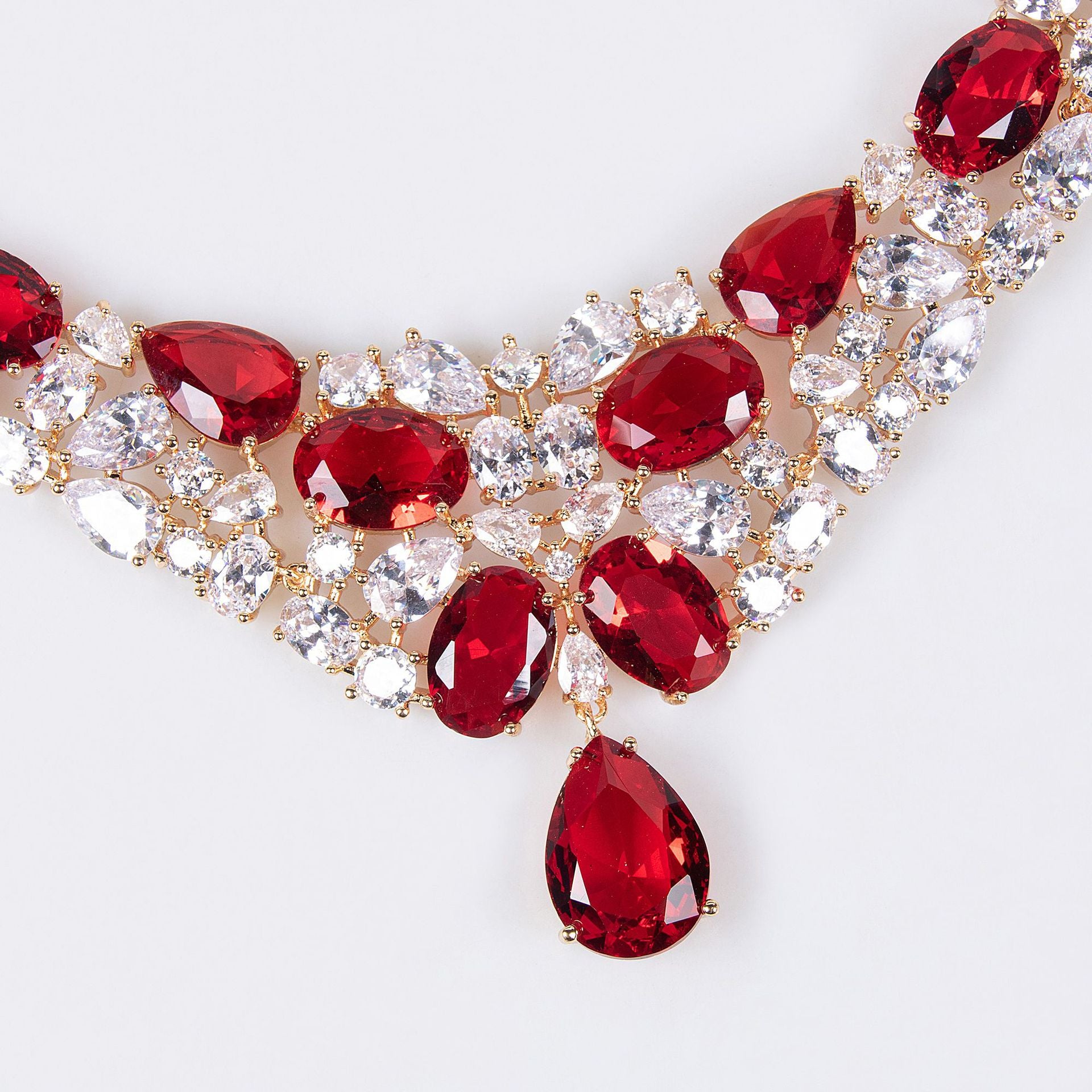 Elegant Red and Colorless Simulated Diamond Necklace and Earrings Set in White Gold and 18K Gold