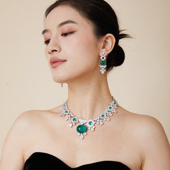 Emerald Necklace and Drop Earrings Set with Oval Simulated Gemstones in White Gold-Plated Copper