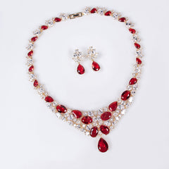 Elegant Red and Colorless Simulated Diamond Necklace and Earrings Set in White Gold and 18K Gold