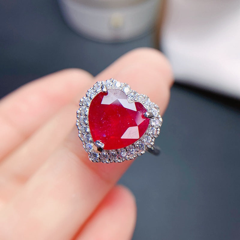 Ruby Heart Engagement Ring in Sterling Silver with Halo Design