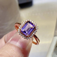 Amethyst Emerald Cut Engagement Ring with Halo Design in Sterling Silver with Silver and Rose Gold Plating