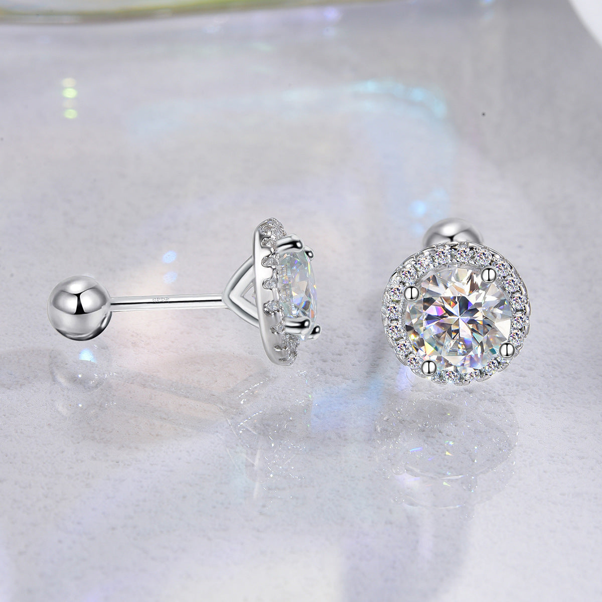 Round Moissanite Stud Earrings in Sterling Silver with White Gold Plating with GRA Certificate