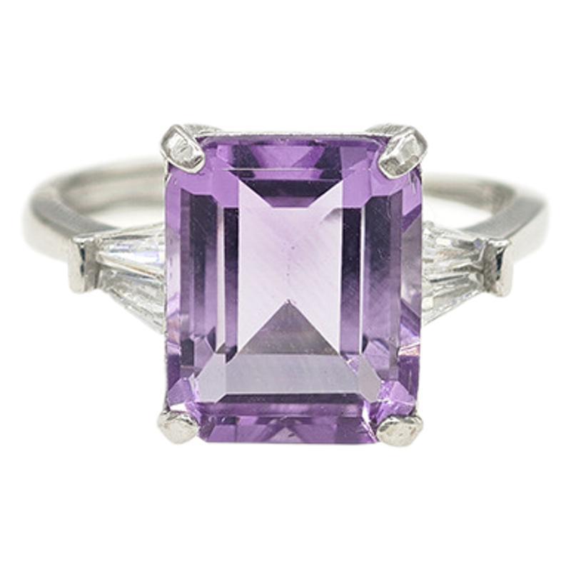 Amethyst Emerald Cut Engagement Ring with Three Stone Design in Sterling Silver and Platinum Plating