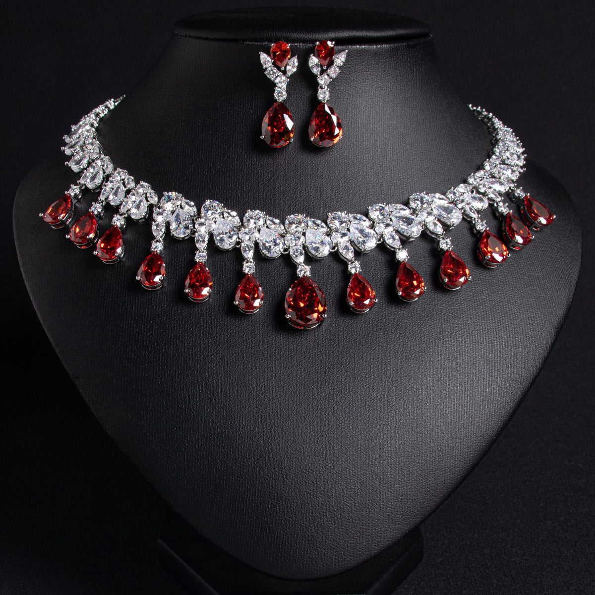 Multi-Color Pear Cut Simulated Diamond Necklace and Earrings Set in White Gold-Plated Copper