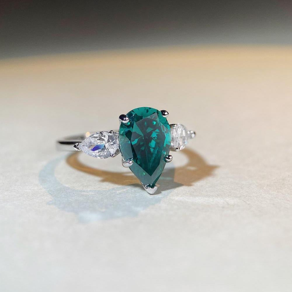 Three Stones 7.0-Carat Pear Cut Green and Colorless Simulated Diamond Engagement Ring