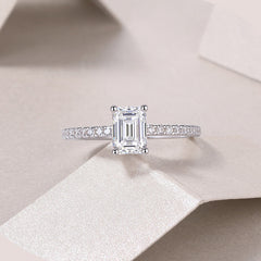 Emerald Cut Moissanite Halo Engagement Ring in White Gold-Plated Sterling Silver with GRA Certificate