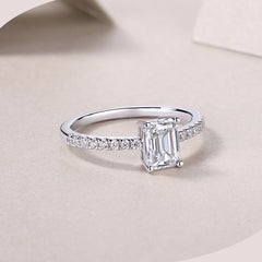 Emerald Cut Moissanite Halo Engagement Ring in White Gold-Plated Sterling Silver with GRA Certificate