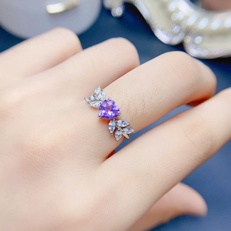 Amethyst Heart Cut Engagement Ring in Sterling Silver with White Gold Plating