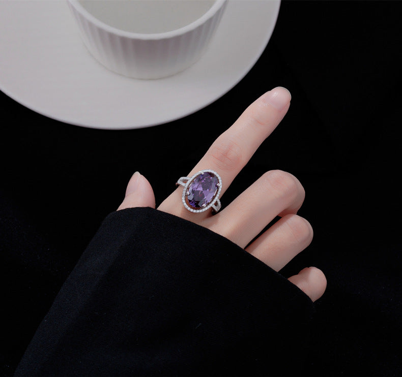 8-Carat Oval Cut Simulated Purple Diamond Engagement Ring with Halo Design