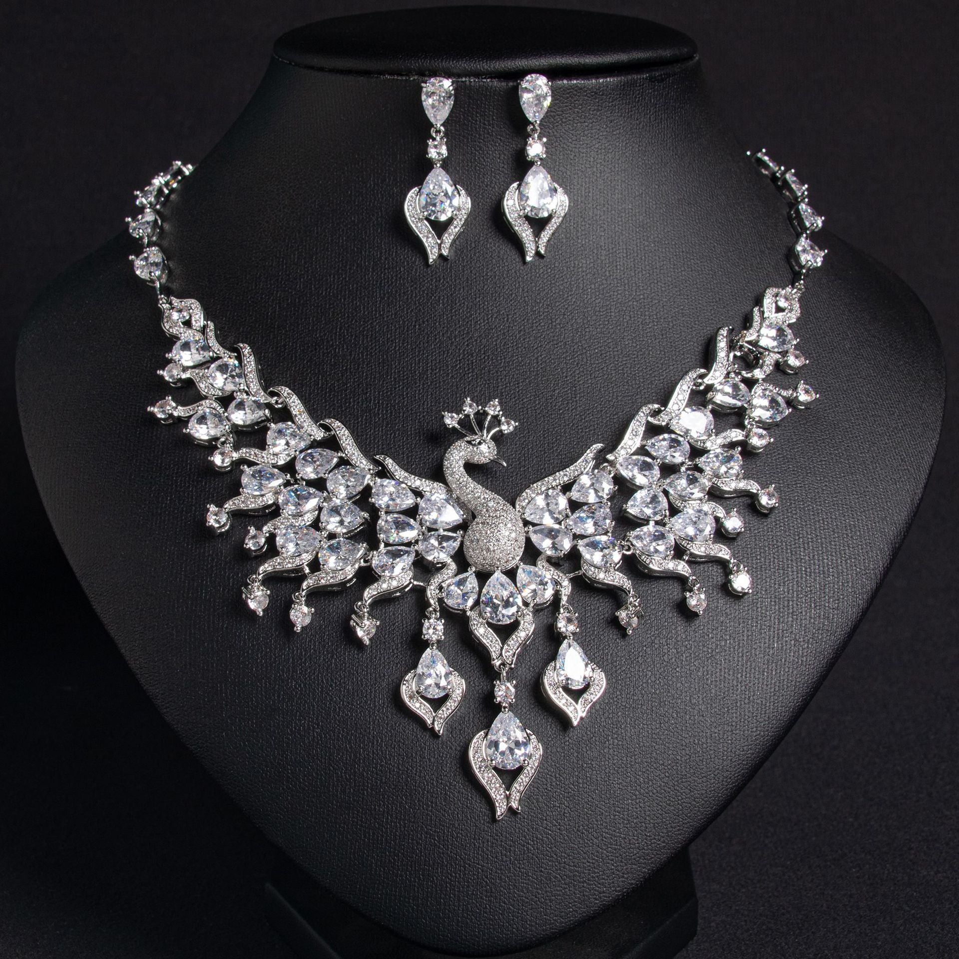 Peacock-Inspired Necklace and Earrings Set with Multi-Color Simulated Diamonds in White Gold