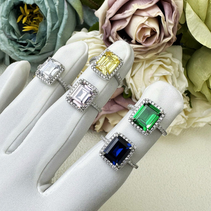 Halo, Accents 5.5-Carat Emerald Cut Sapphire Simulated Gemstone Engagement Ring