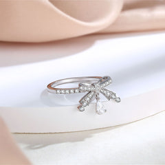 Pear Cut Simulated Colorless Diamond Bow Design Engagement Ring