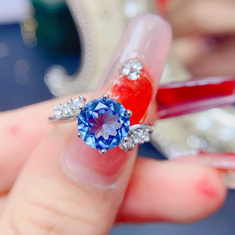 London Blue Topaz Round Cut Engagement Ring in Sterling Silver with White Gold Plating