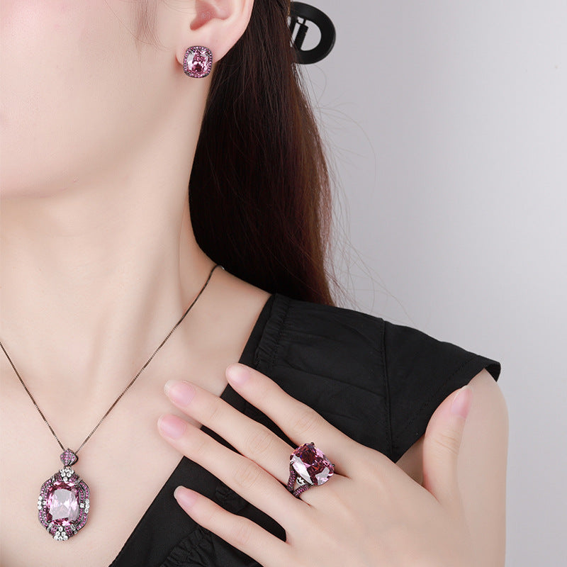 Vintage Radiant-Cut Simulated Gemstone Jewelry Set in Black Gold-Plated Copper