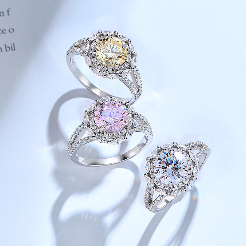 2.0-Carat Round Cut Simulated Colorless, Yellow, and Pink Diamond Engagement Ring with 4-Prong Setting