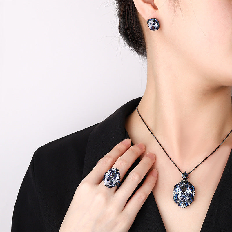 Vintage Radiant-Cut Simulated Gemstone Jewelry Set in Black Gold-Plated Copper
