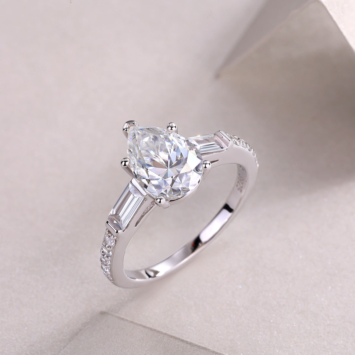 Pear-Shaped 2-Carat Moissanite Engagement Ring in White Gold-Plated Sterling Silver with GRA Certificate