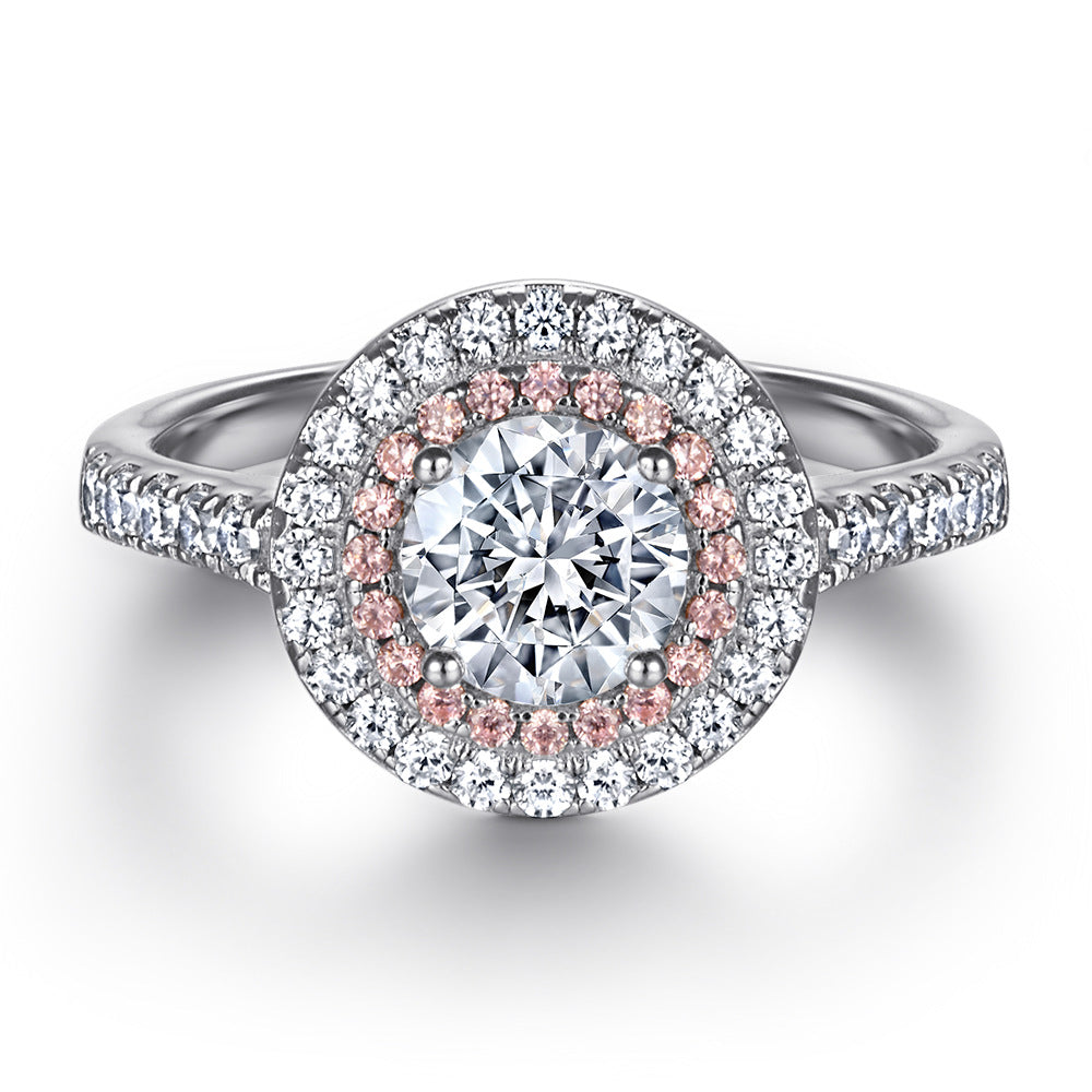 0.8-Carat Round Cut Simulated Pink & Colorless Diamond Halo Wedding Set in White Gold-Plated Sterling Silver