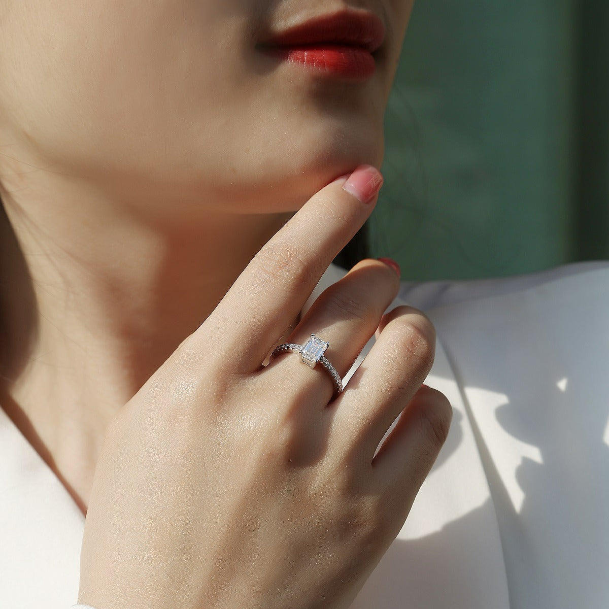 Emerald Cut Moissanite Halo Engagement Ring in White Gold-Plated Sterling Silver with GRA Certificate