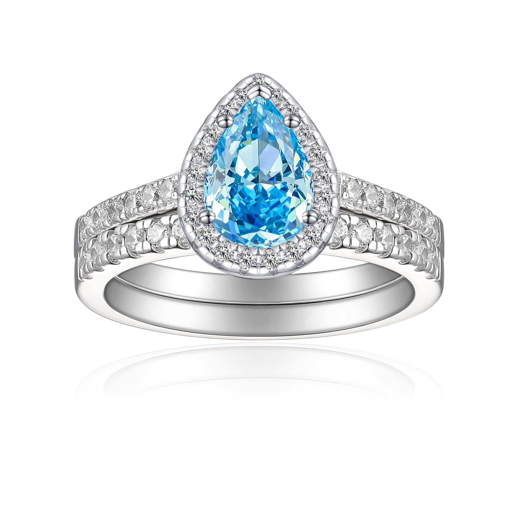 1.5-Carat Pear Cut Simulated Diamond Wedding Set with Accents & Halo Design