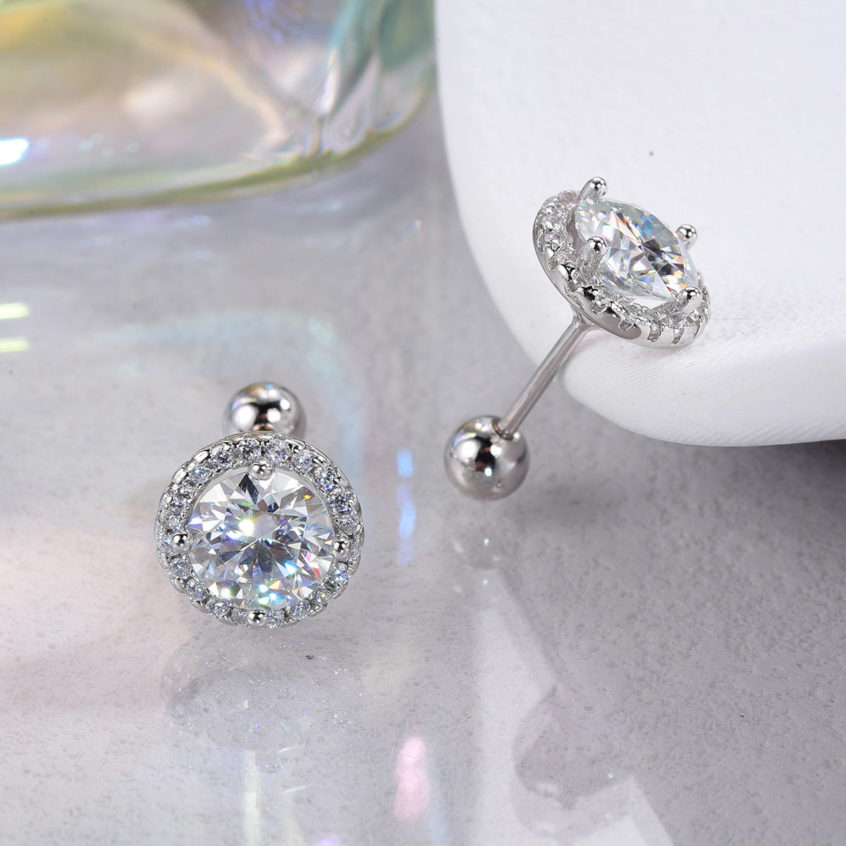 Round Moissanite Stud Earrings in Sterling Silver with White Gold Plating with GRA Certificate