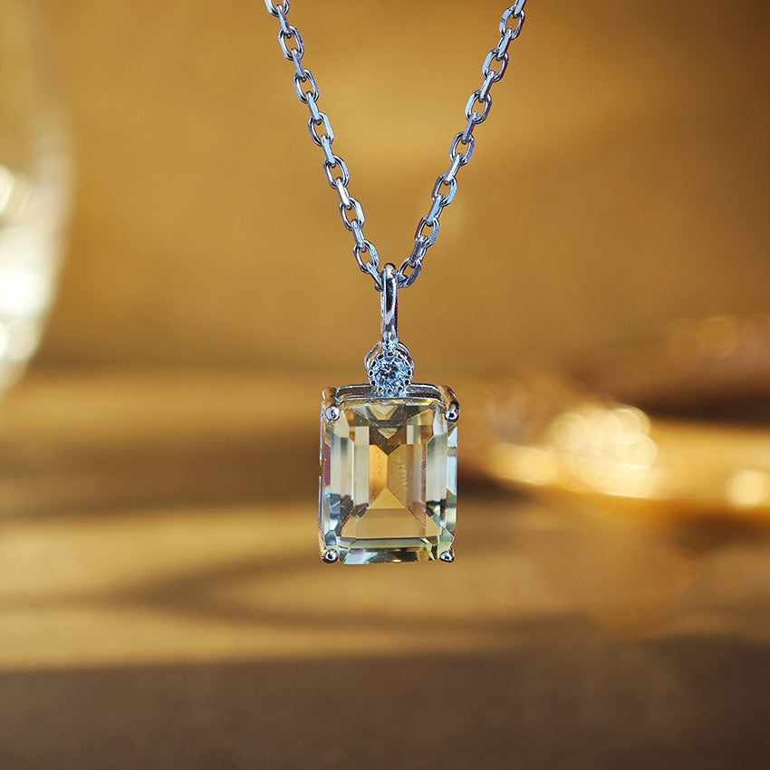 Citrine Emerald Cut Pendant Necklace in Sterling Silver with Silver Plating