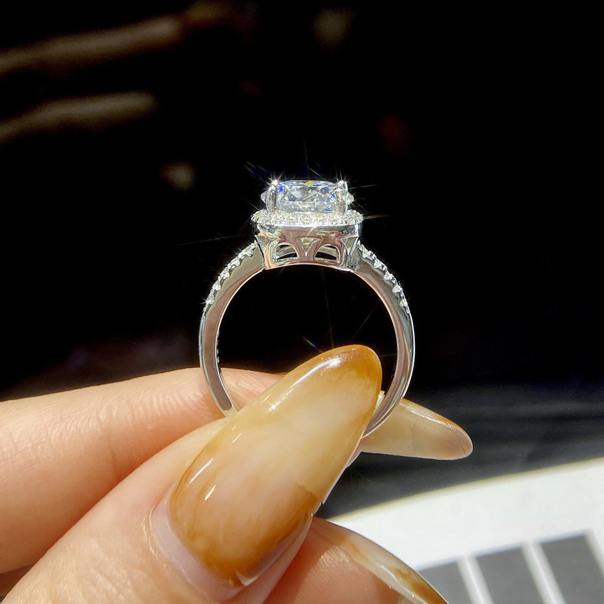 Round Cut Moissanite Halo Engagement Ring in Sterling Silver with GRA Certificate