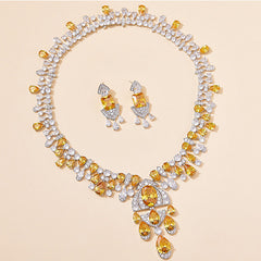 Yellow Diamond Necklace and Earrings Set with Oval and Radiant-Cut Simulated Diamonds in White Gold-Plated Copper