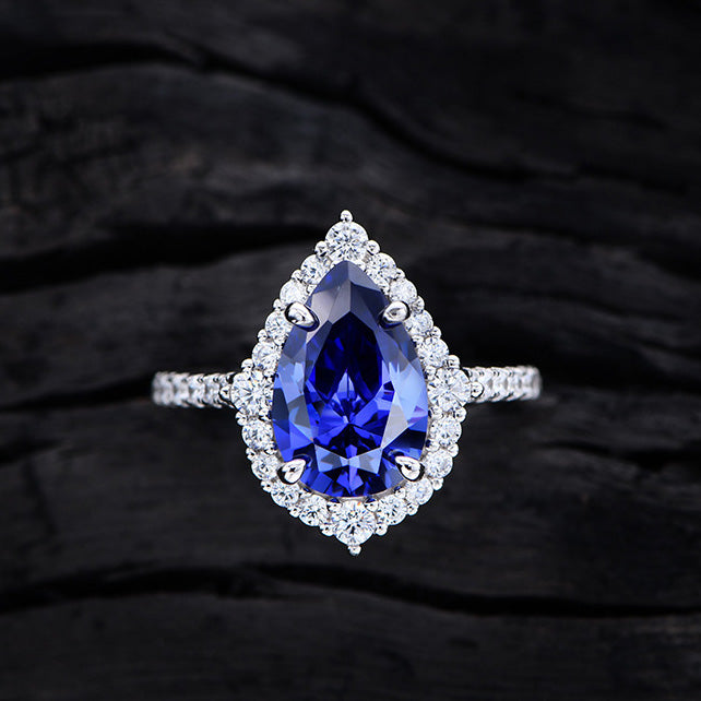 Halo, Accents 4.0-Carat Pear Cut Blue Simulated Sapphire Engagement Ring