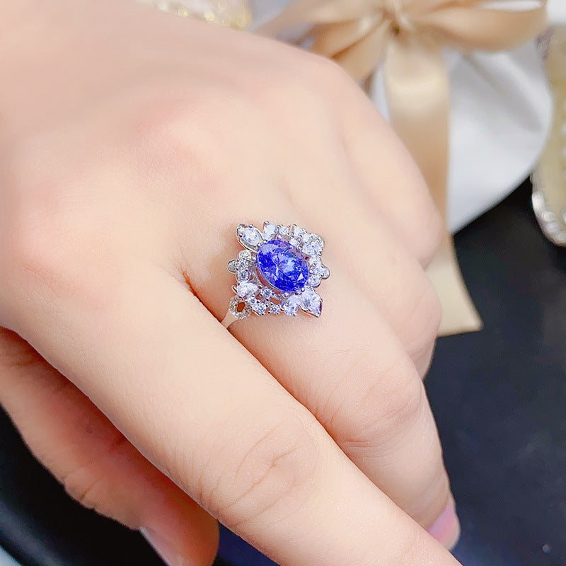 Luxurious Tanzanite Oval Engagement Ring in Sterling Silver with 18K Gold Plating