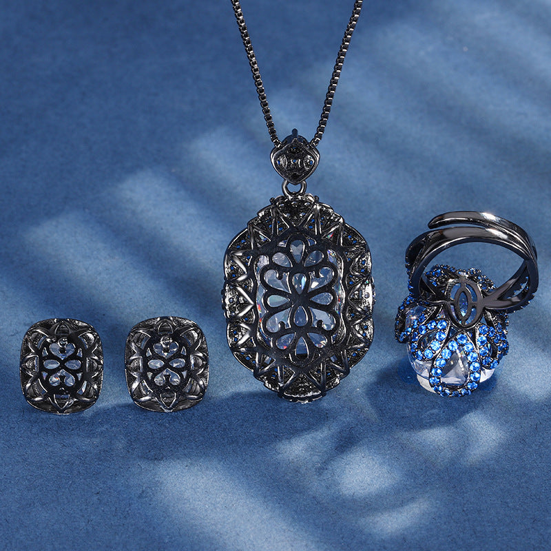 Vintage Radiant-Cut Simulated Gemstone Jewelry Set in Black Gold-Plated Copper