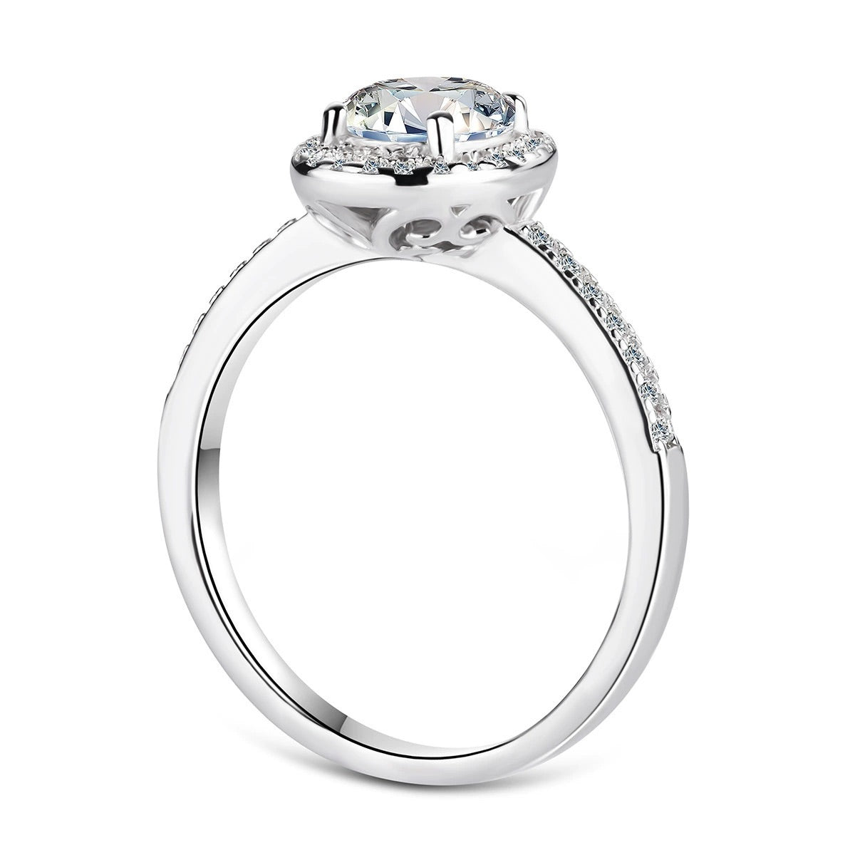 1.0 Carat Round Moissanite Halo Engagement Ring in Sterling Silver with Accents